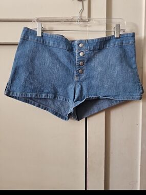 High-Rise Button-Front Denim Shorts in Blue